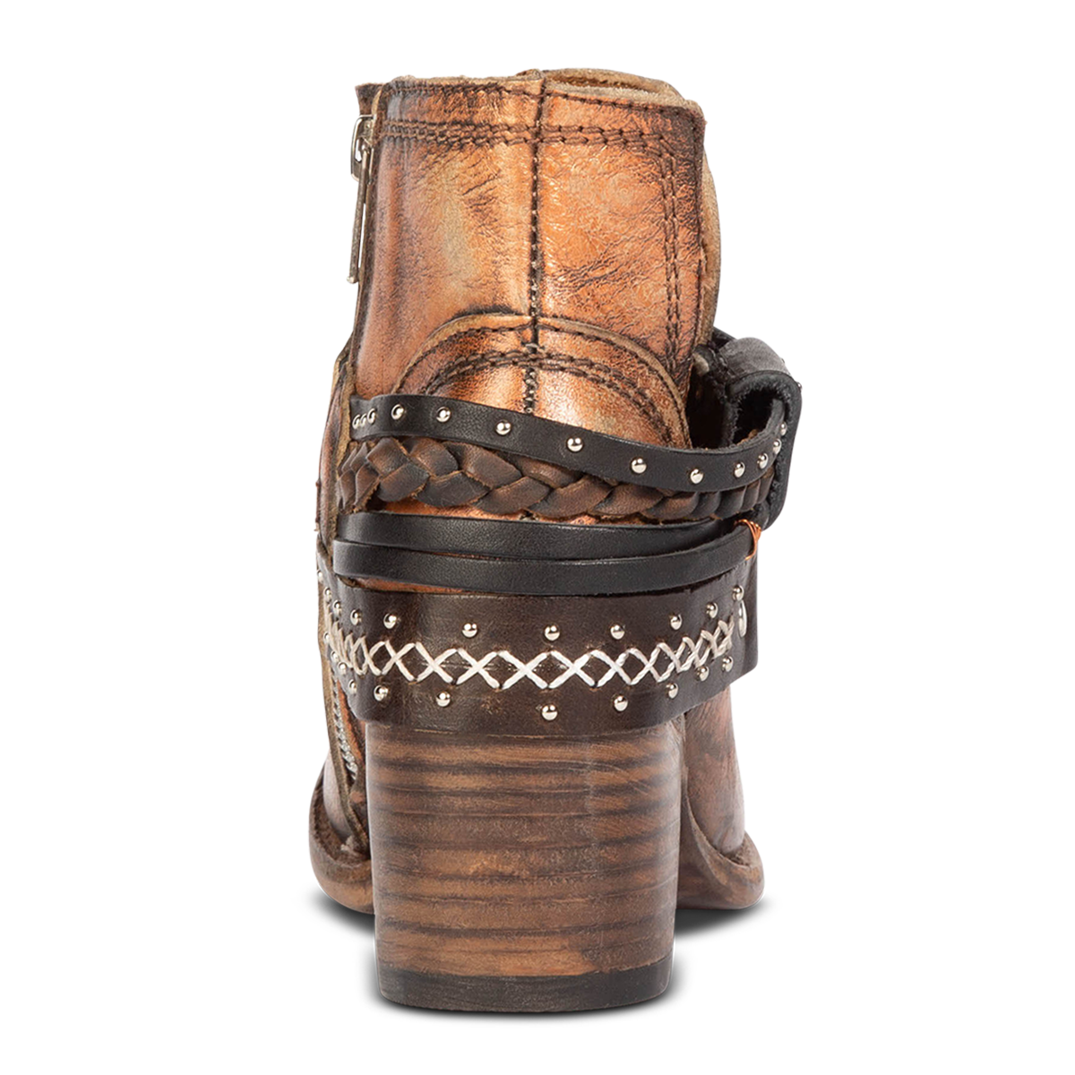Back view showing wood heel with embellished decorative ankle belts on FREEBIRD women's Sabelle bronze bootie
