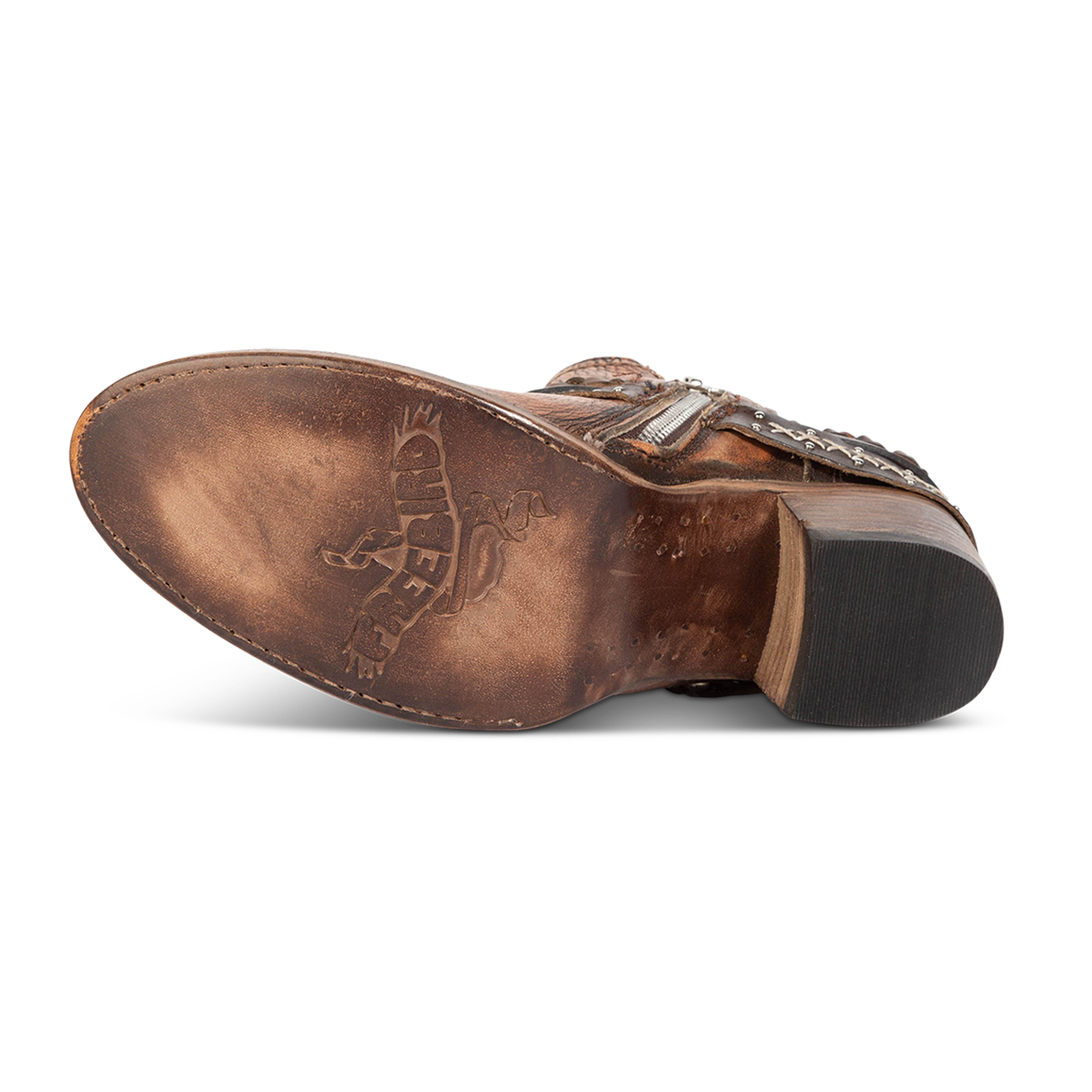 Leather sole imprinted with FREEBIRD on women's Sabelle bronze bootie