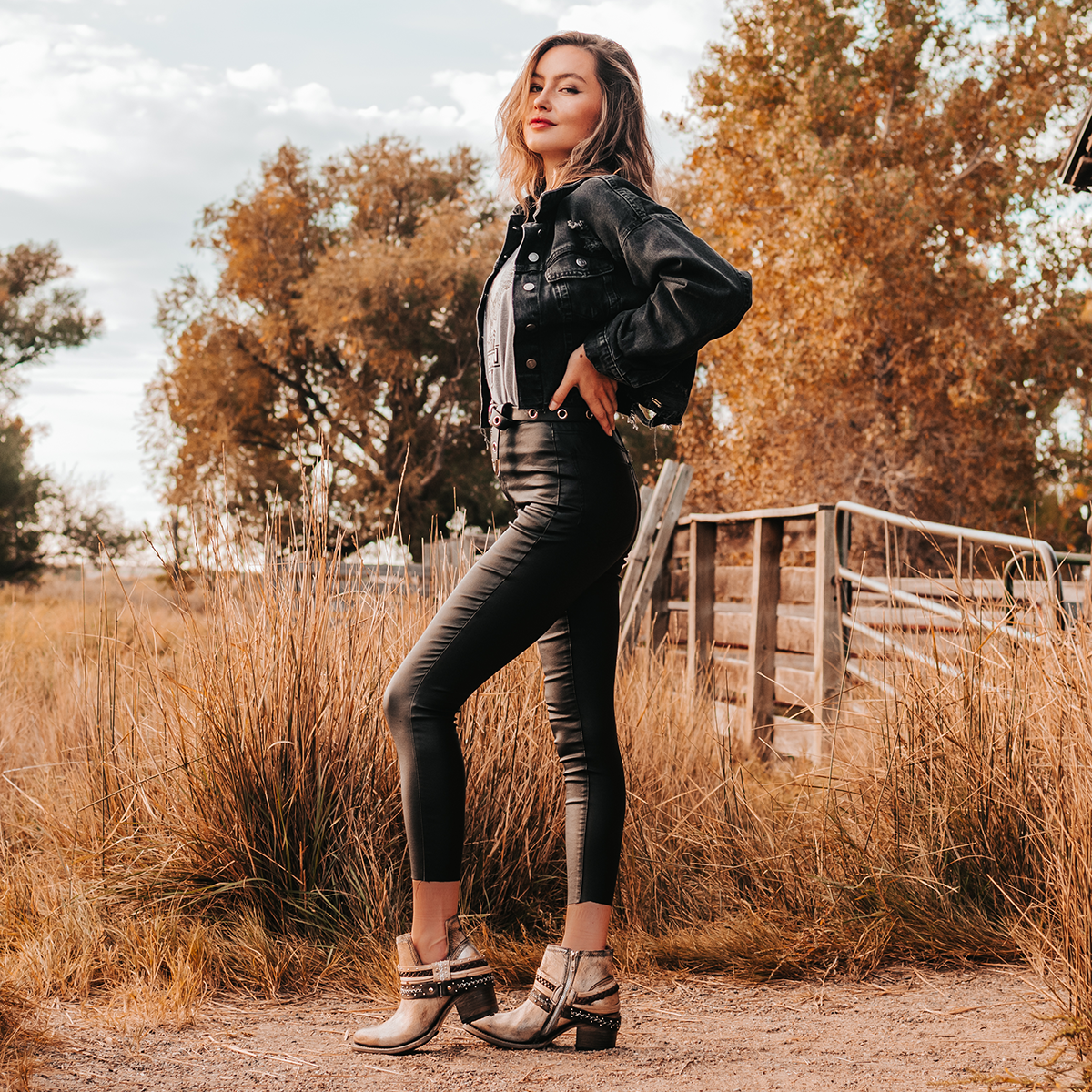 FREEBIRD women’s Sabelle pewter leather side cutout ankle bootie with embellished decorative belts lifestyle