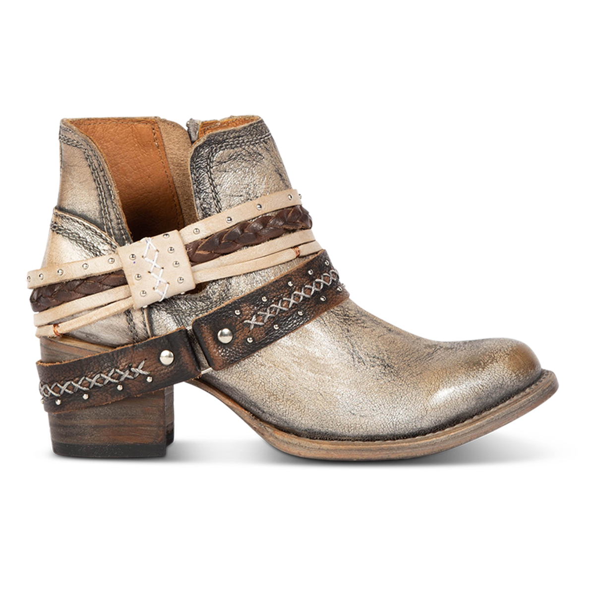FREEBIRD women’s Sabelle pewter leather side cutout ankle bootie with embellished decorative belts