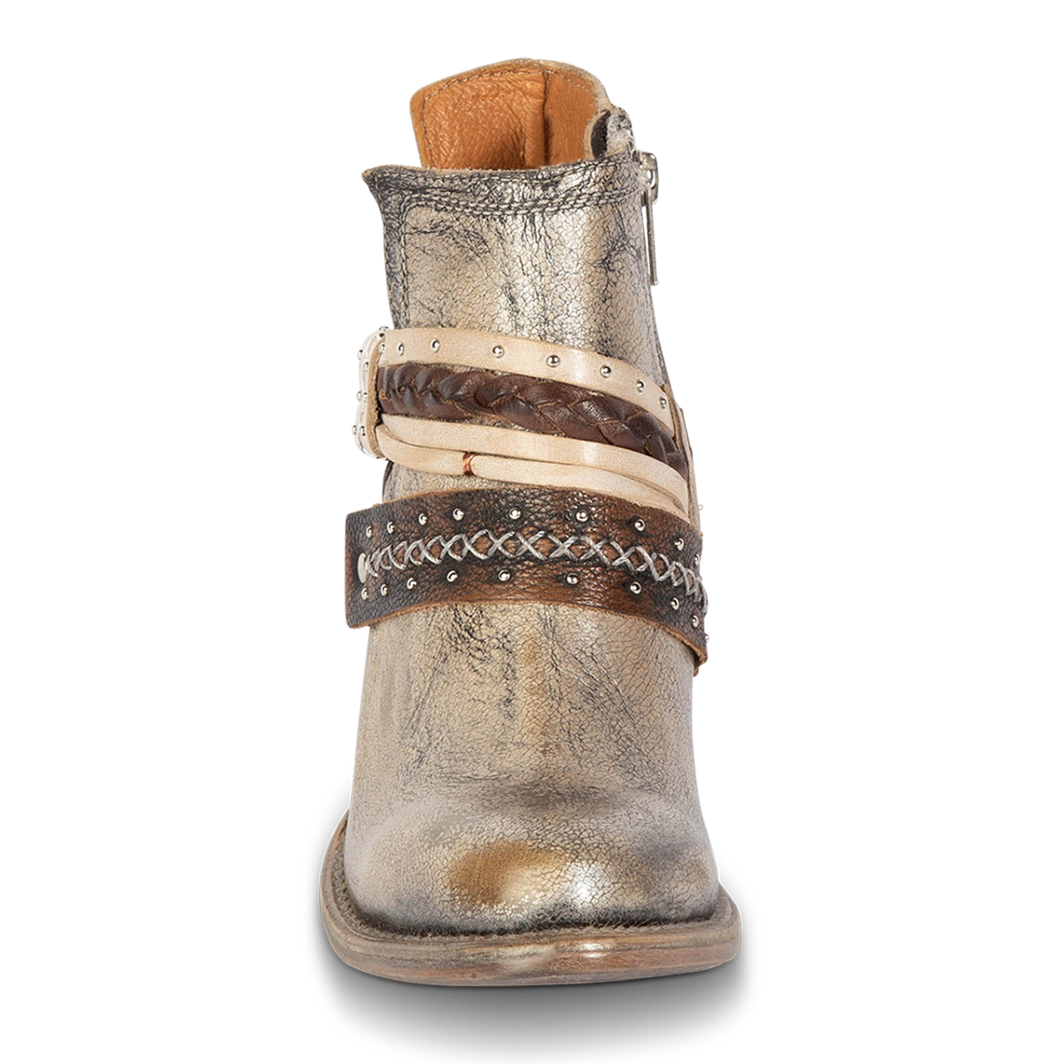 Front view showing embellished decorative belts on FREEBIRD women's Sabelle pewter bootie