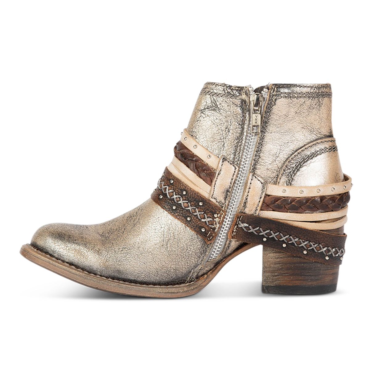 Inside view showing working brass zip closure and embellished decorative belts on FREEBIRD women's Sabelle pewter bootie
