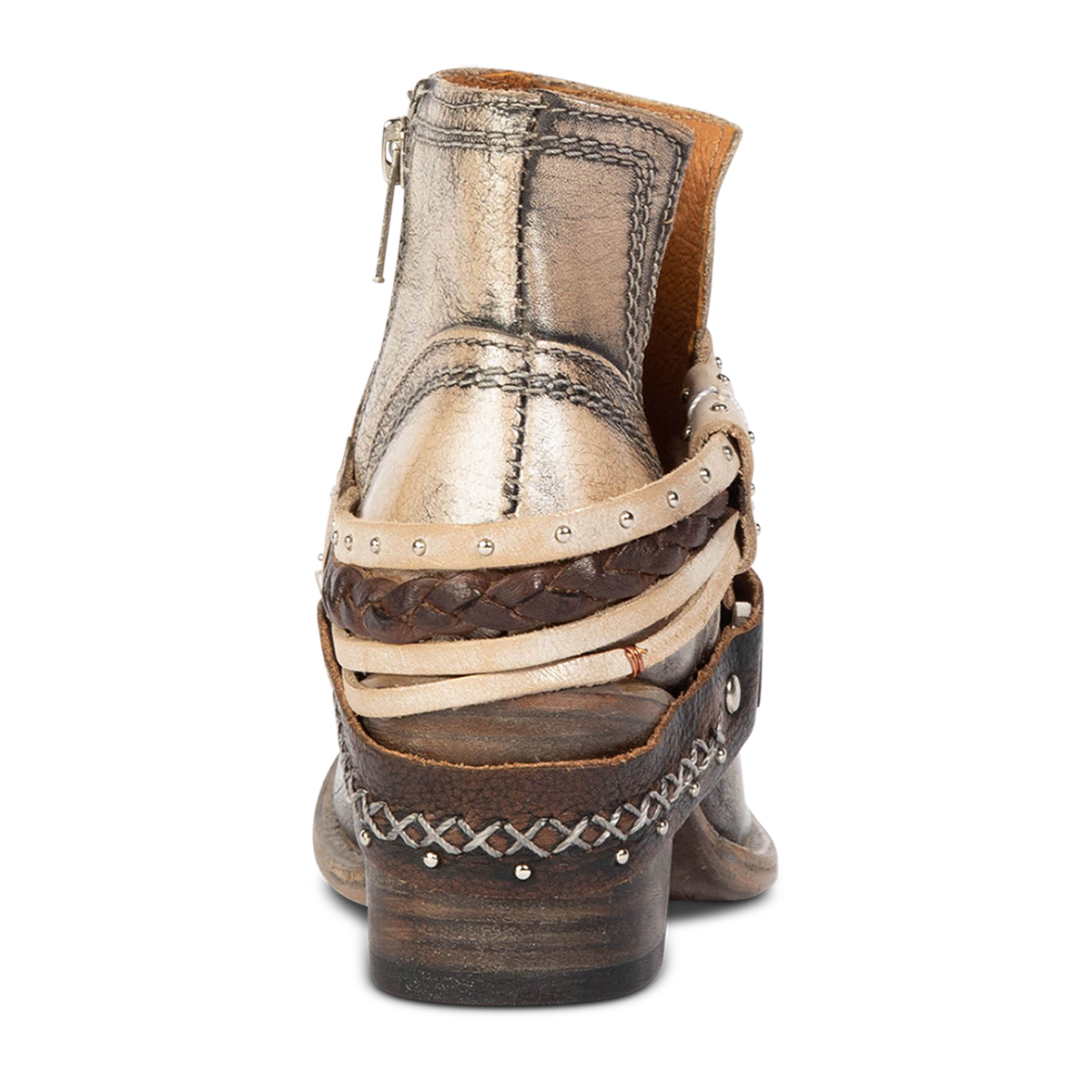 Back view showing wood heel with embellished decorative ankle belts on FREEBIRD women's Sabelle pewter bootie