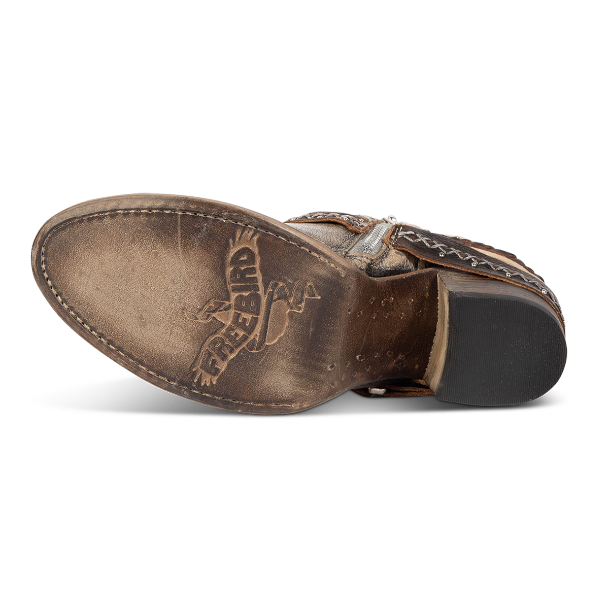  Leather sole imprinted with FREEBIRD on women's Sabelle pewter bootie