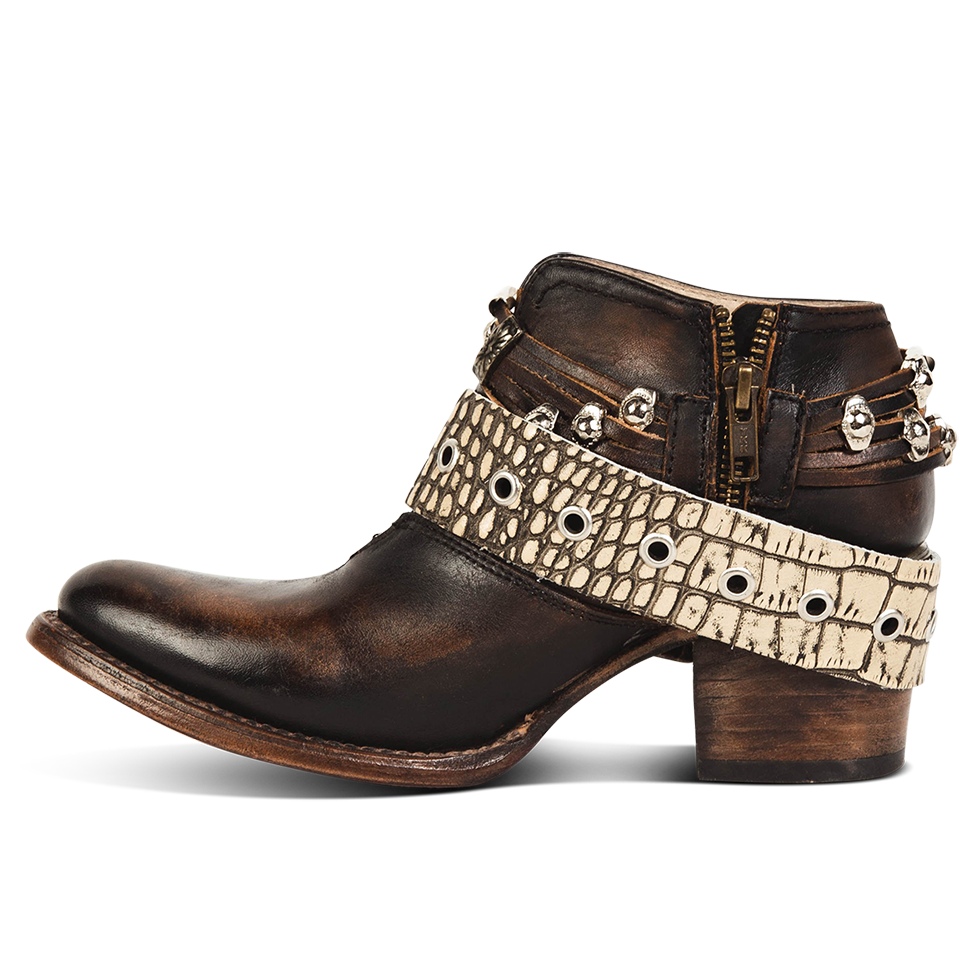 Inside view showing working brass zip closure and embellished western belts on FREEBIRD women's Saloon black leather bootie