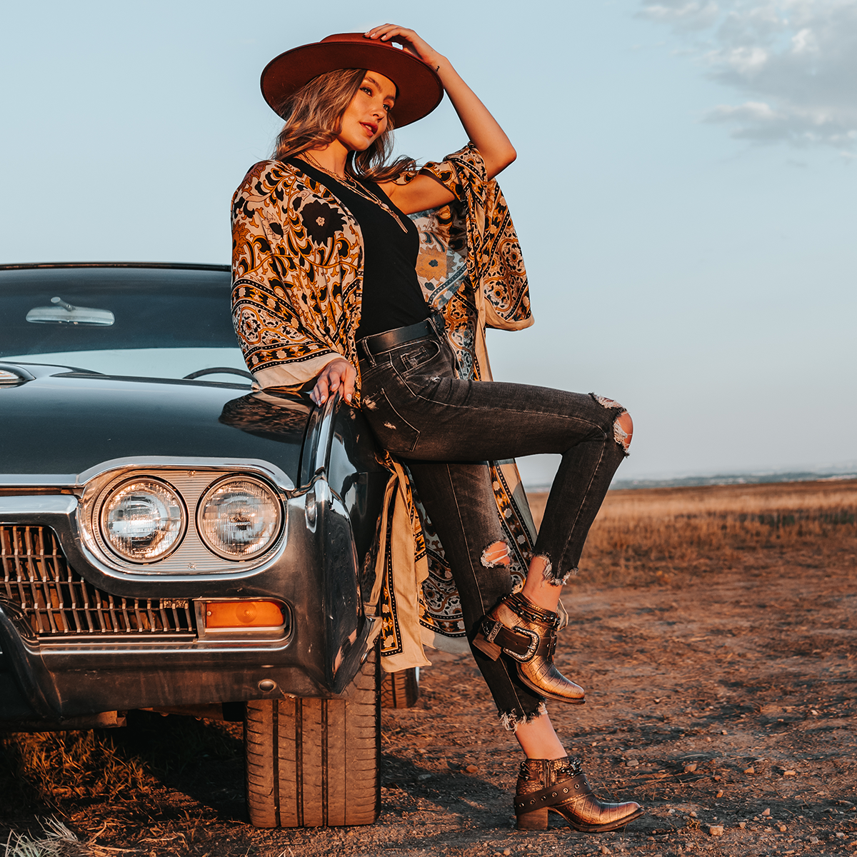 FREEBIRD women’s Saloon bronze multi front cutout bootie with embellished belts and side western buckle lifestyle