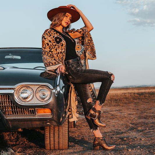 FREEBIRD women’s Saloon bronze multi front cutout bootie with embellished belts and side western buckle lifestyle