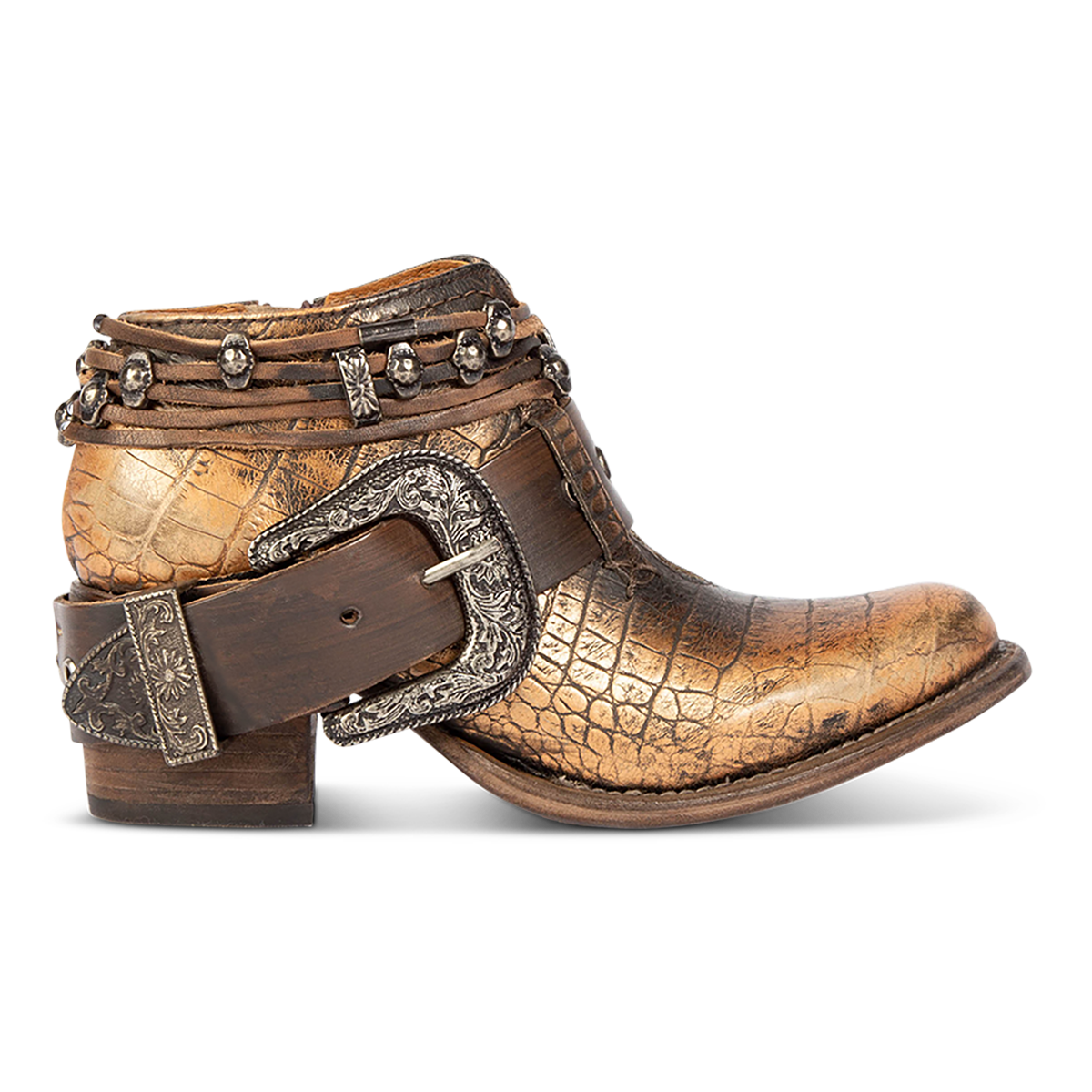 FREEBIRD women’s Saloon bronze multi front cutout bootie with embellished belts and side western buckle