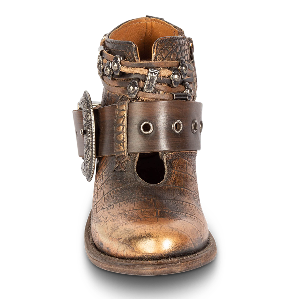 Front view showing front cut-out and embellished western belts on FREEBIRD women's Saloon bronze multi bootie