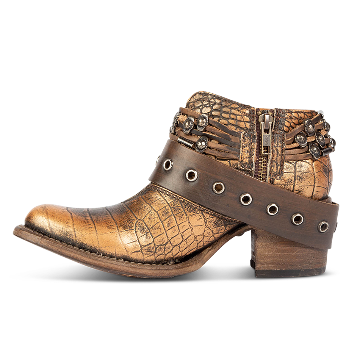 Inside view showing working brass zip closure and embellished western belts on FREEBIRD women's Saloon bronze multi bootie