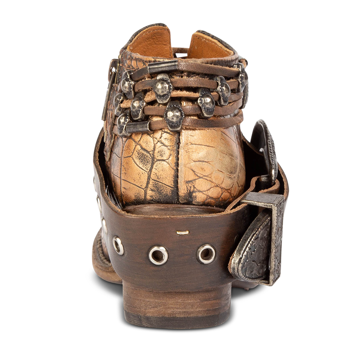 Back view showing low contrasting wood heel with western ankle belts on FREEBIRD women's Saloon bronze multi bootie