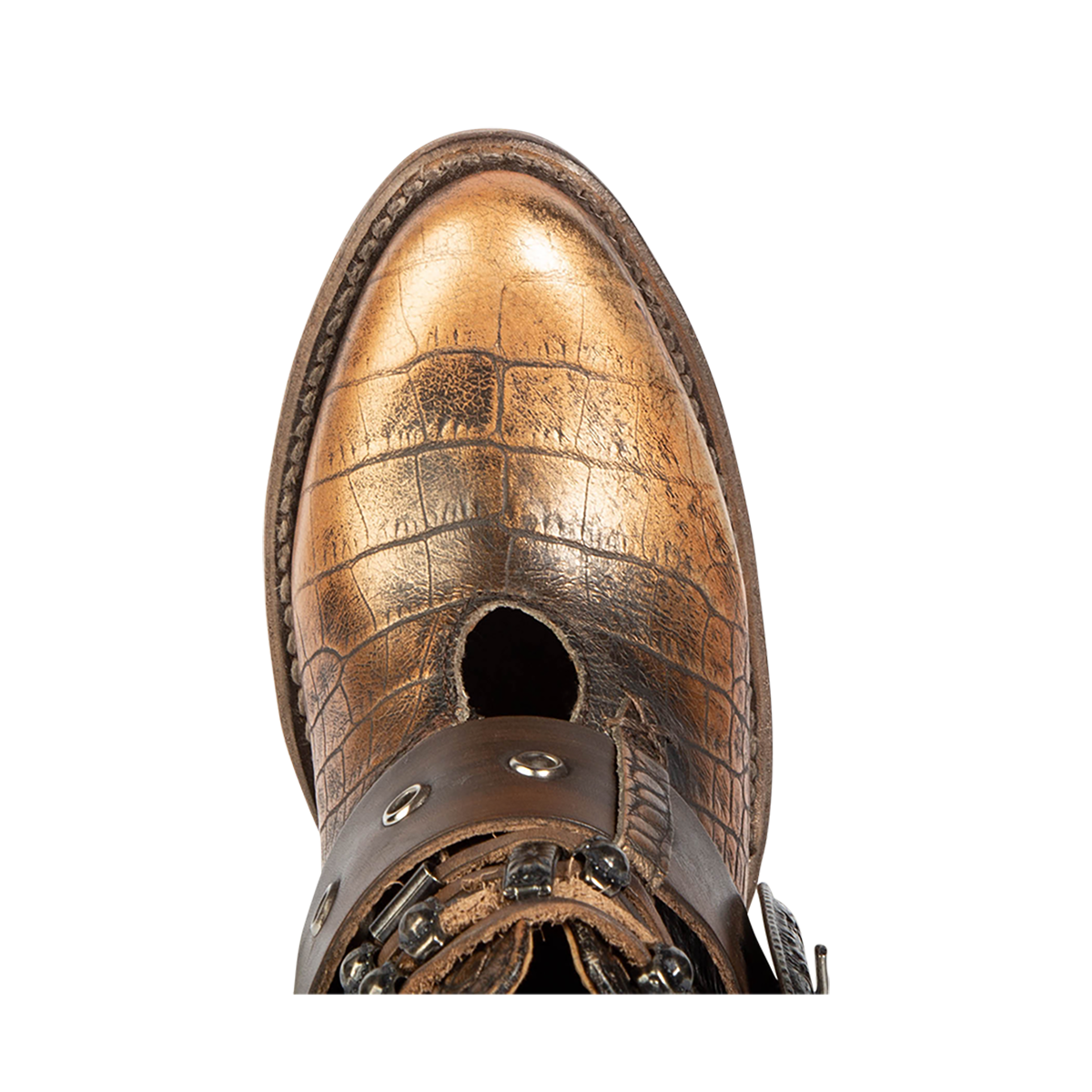 Top view showing almond toe on FREEBIRD women's Saloon bronze multi bootie
