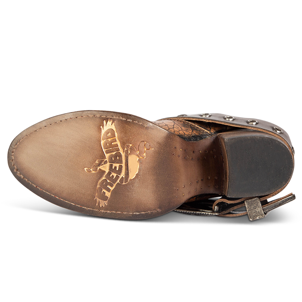 Leather sole imprinted with FREEBIRD on women's Saloon bronze multi embossed bootie