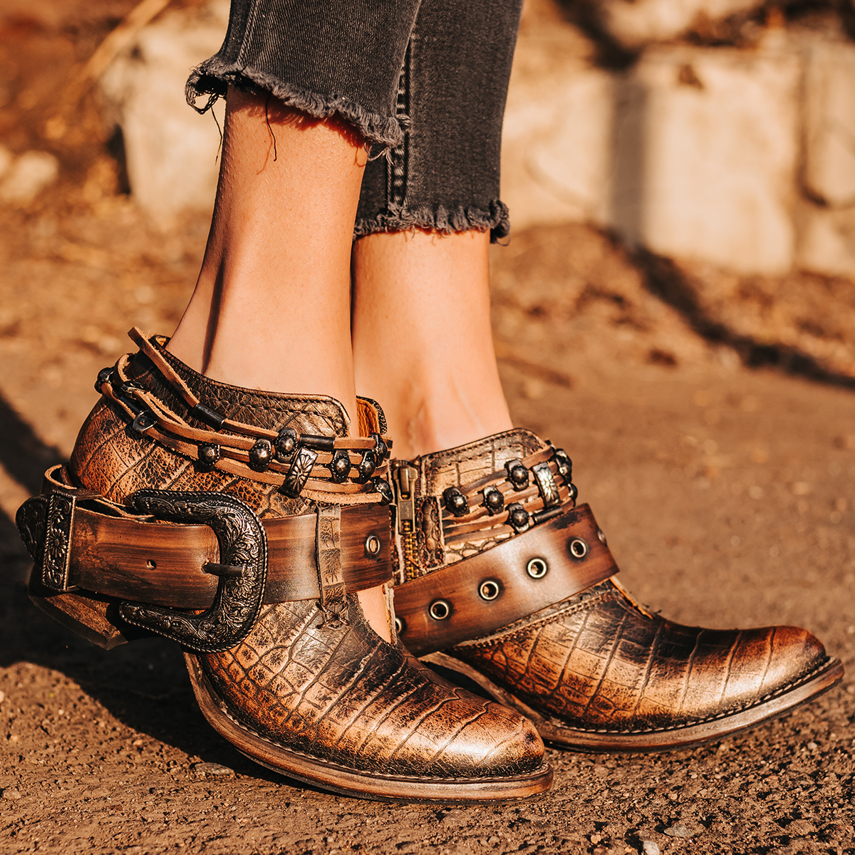 FREEBIRD women’s Saloon bronze multi front cutout bootie with embellished belts and side western buckle