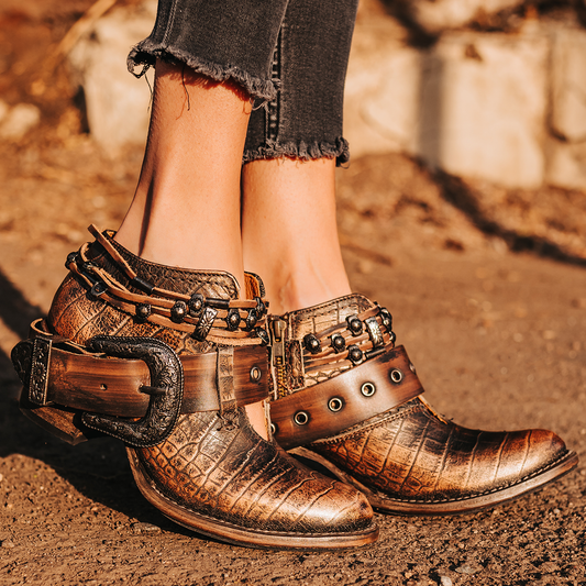 FREEBIRD women’s Saloon bronze multi front cutout bootie with embellished belts and side western buckle