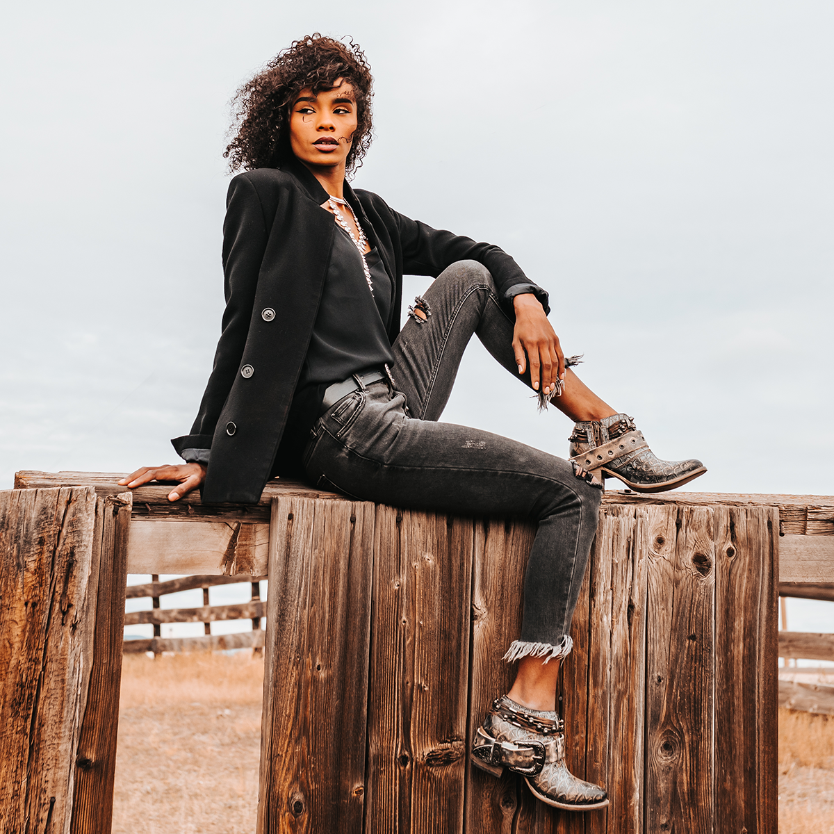 FREEBIRD women’s Saloon graphite multi front cutout bootie with embellished belts and side western buckle lifestyle