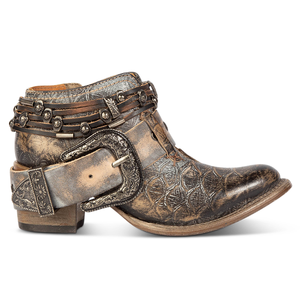 FREEBIRD women’s Saloon graphite multi front cutout bootie with embellished belts and side western buckle