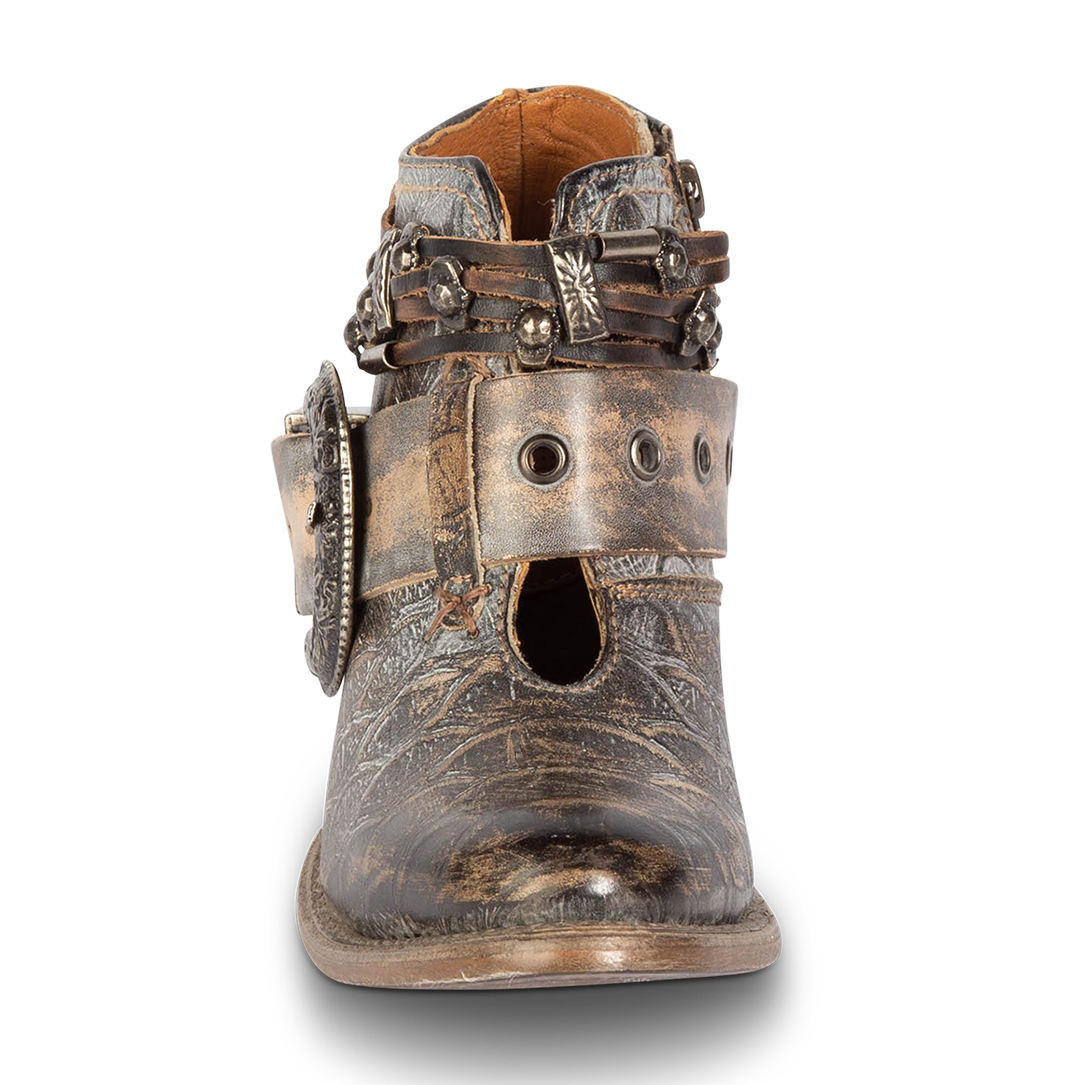 Front view showing front cut-out and embellished western belts on FREEBIRD women's Saloon graphite multi bootie