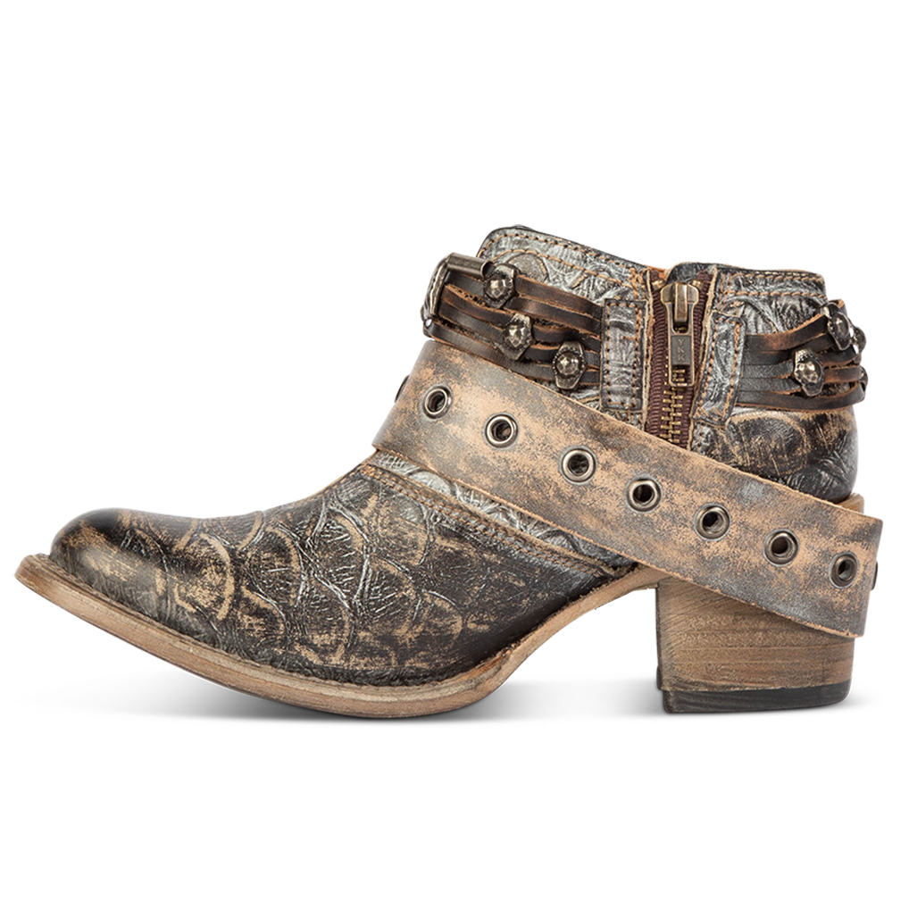 Inside view showing working brass zip closure and embellished western belts on FREEBIRD women's Saloon graphite multi bootie