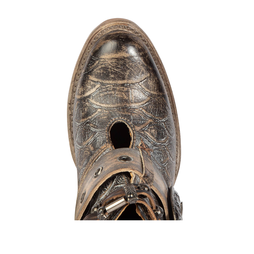 Top view showing almond toe on FREEBIRD women's Saloon graphite multi bootie