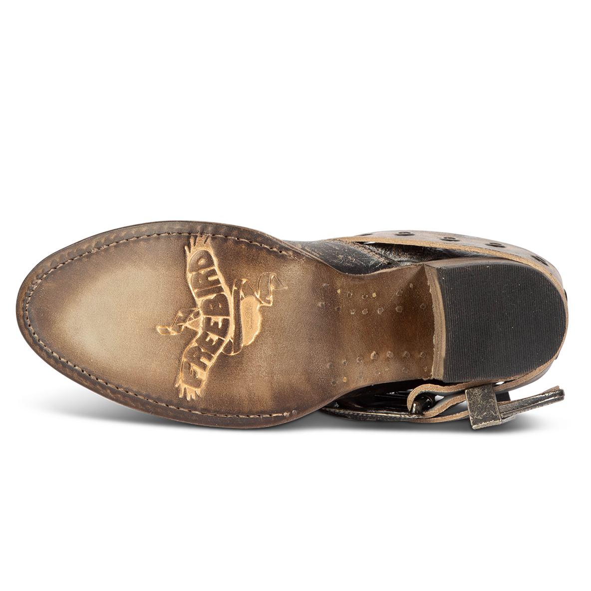 Leather sole imprinted with FREEBIRD on women's Saloon graphite multi embossed bootie