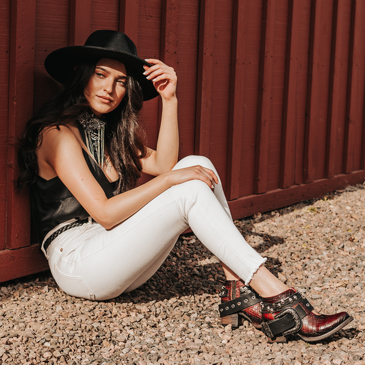 FREEBIRD women’s Saloon red croco leather front cutout bootie with embellished belts and side western buckle lifestyle image