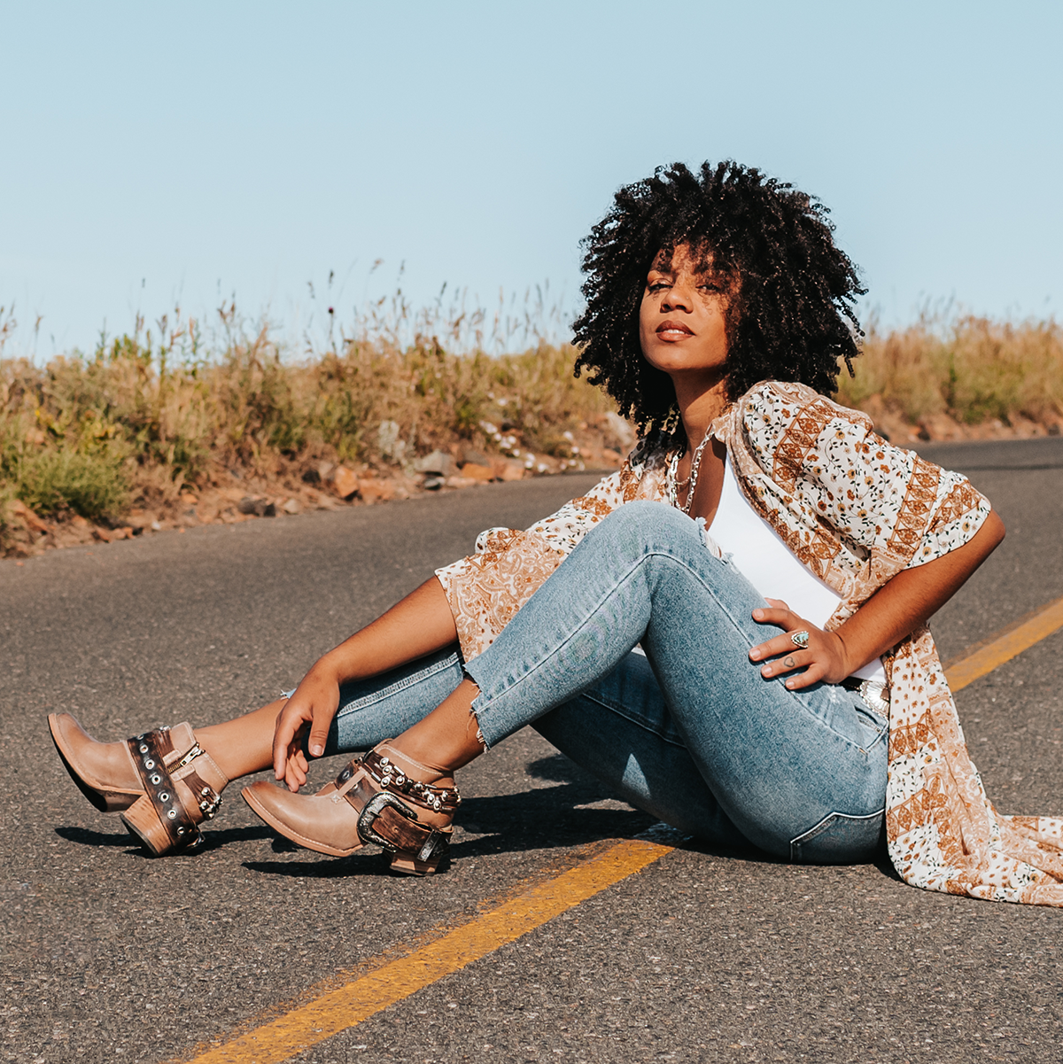 FREEBIRD women’s Saloon taupe leather front cutout bootie with embellished belts and side western buckle lifestyle image