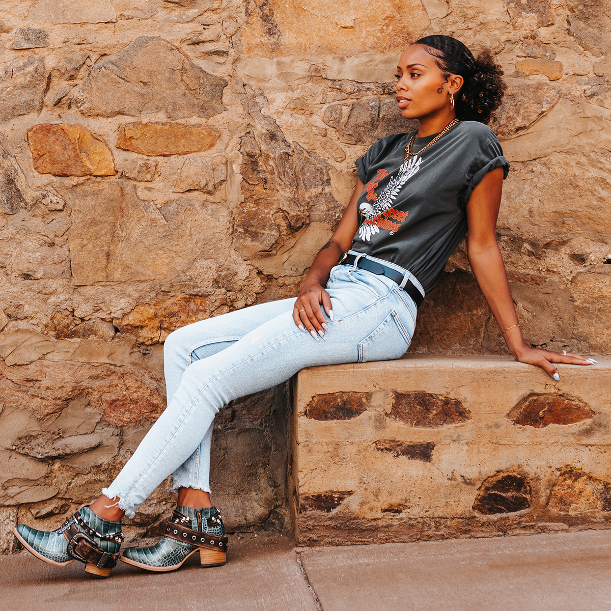 FREEBIRD women’s Saloon turquoise croco leather front cutout bootie with embellished belts and side western buckle lifestyle