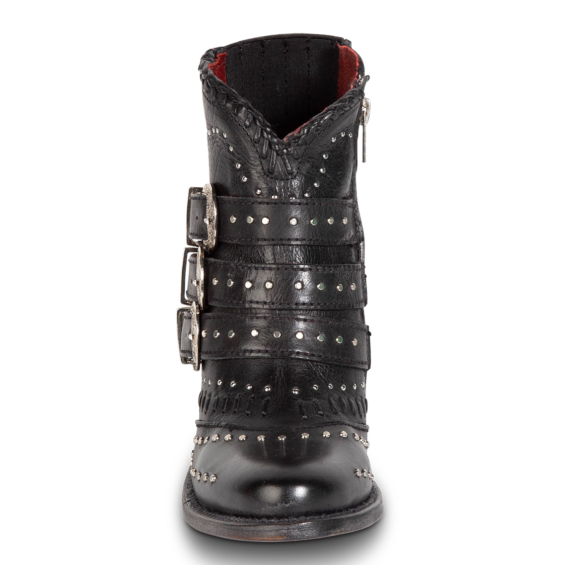 Front view showing leather straps with stud detailing on FREEBIRD women's Savanna black leather ankle bootie