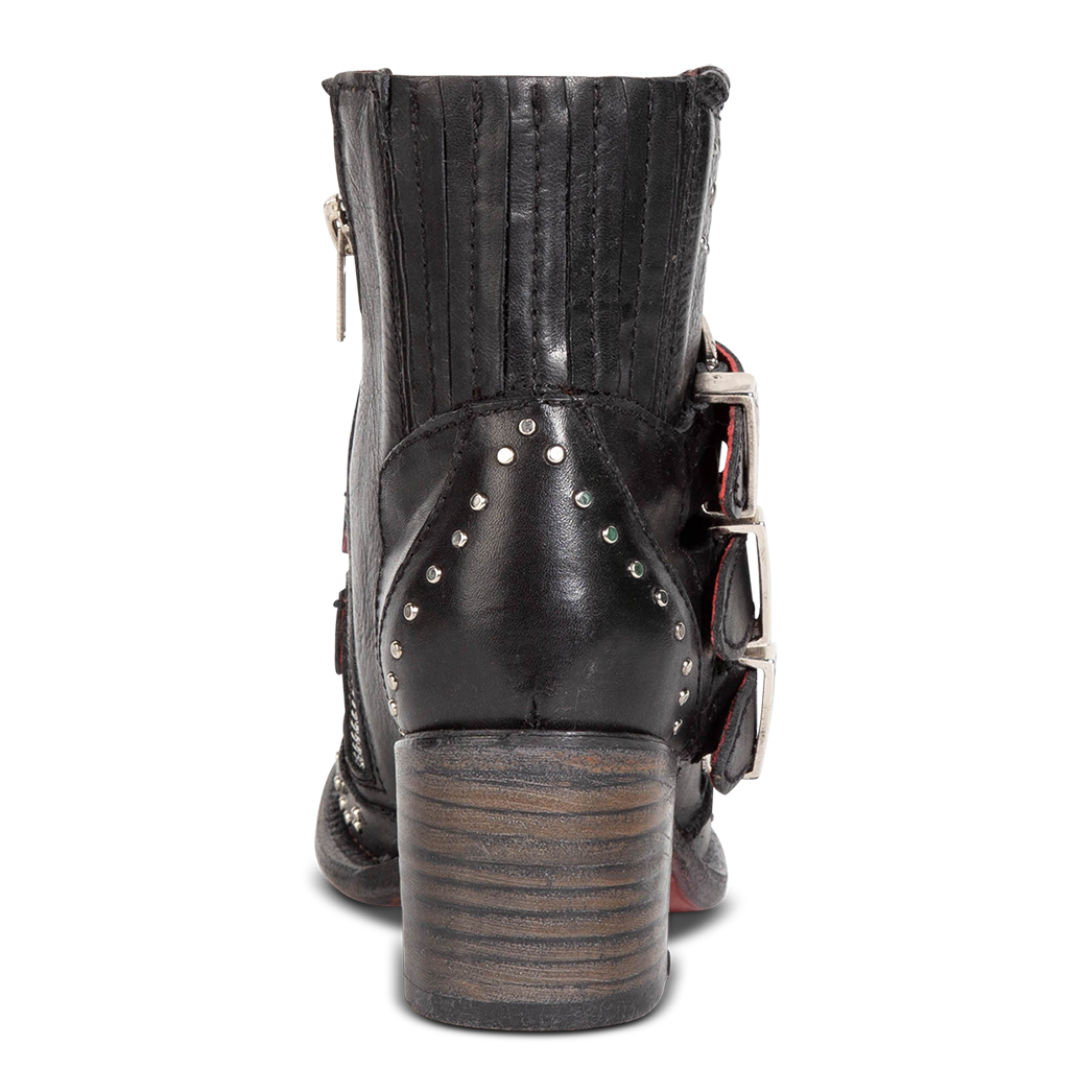 Back view showing wood heel and elastic gore detailing on FREEBIRD women's Savanna black leather ankle bootie