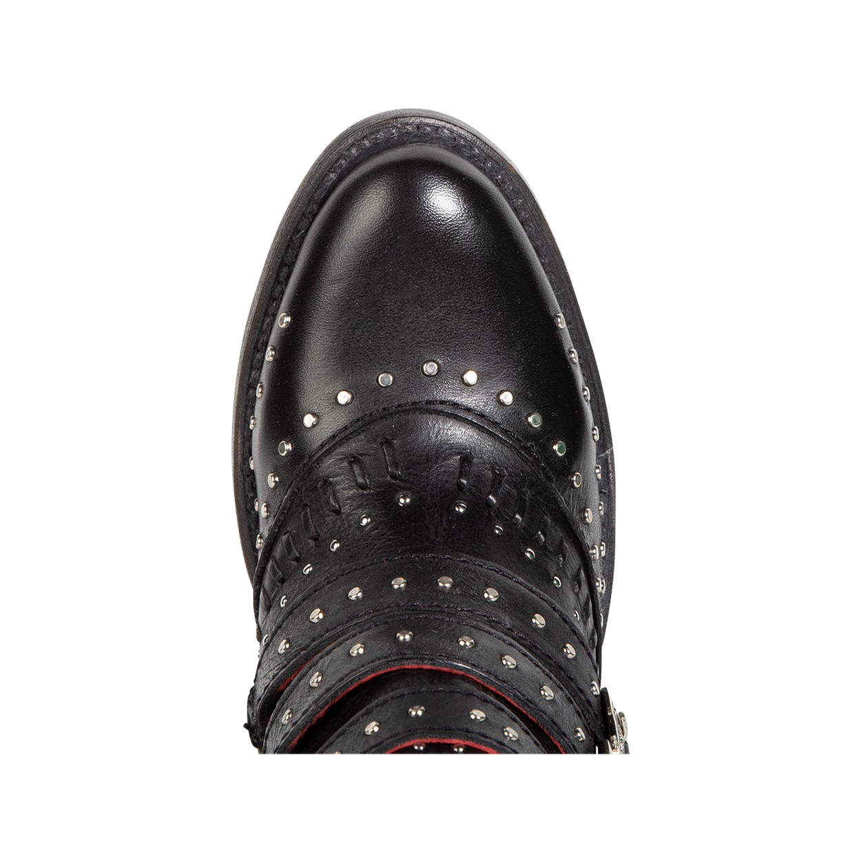 Top view showing almond toe on FREEBIRD women's Savanna black leather ankle bootie