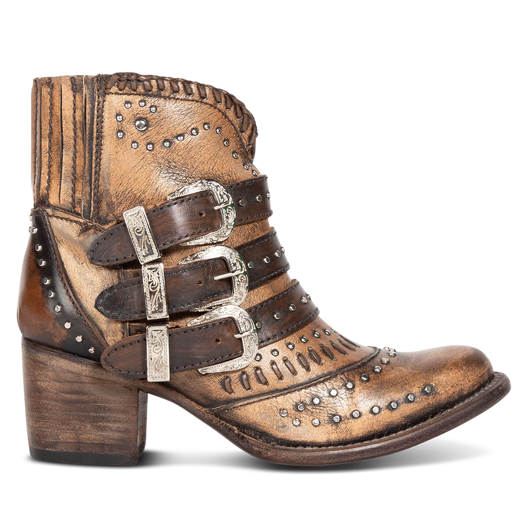 FREEBIRD women's Savanna bronze leather ankle bootie with silver studs, elastic gore, and metal buckles
