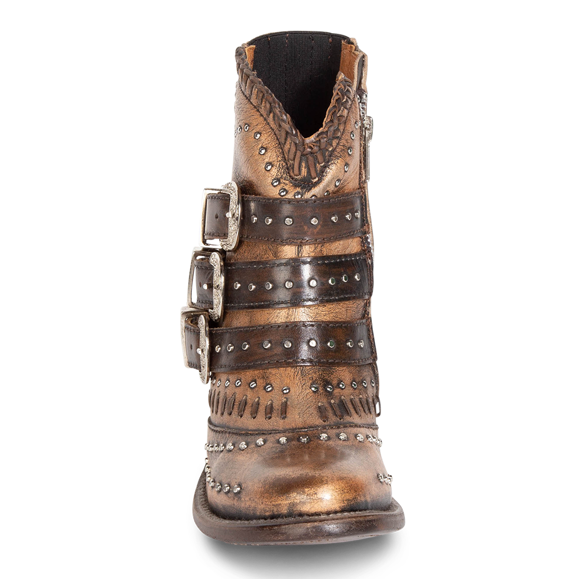 Front view showing leather straps with stud detailing on FREEBIRD women's Savanna bronze leather ankle bootie