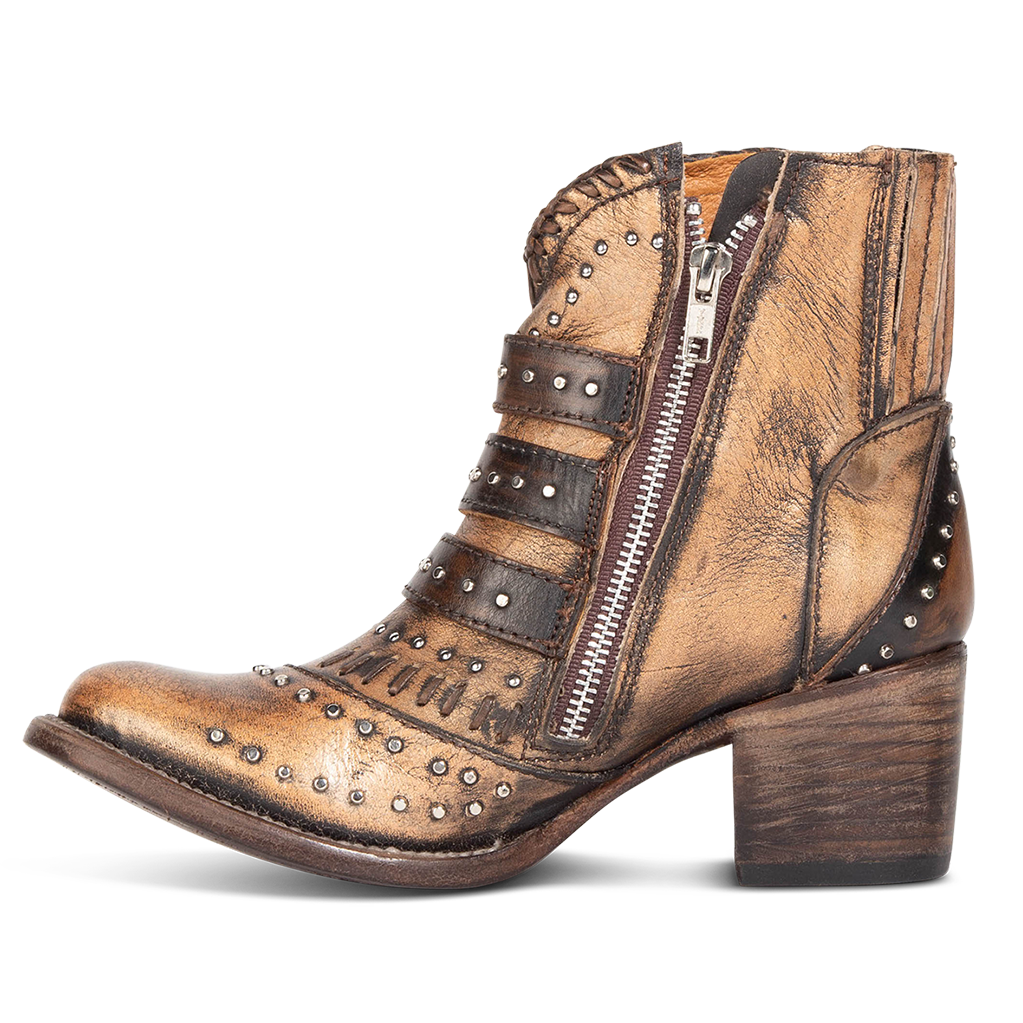 Inside view showing stud detailing and inside zipper on FREEBIRD women's Savanna bronze leather ankle bootie