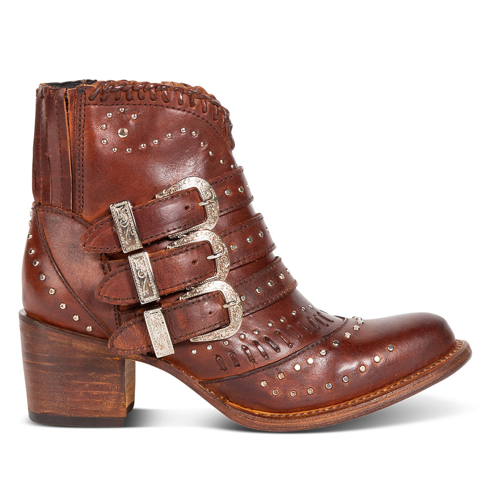 FREEBIRD women's Savanna cognac leather ankle bootie with silver studs, elastic gore, and metal buckles