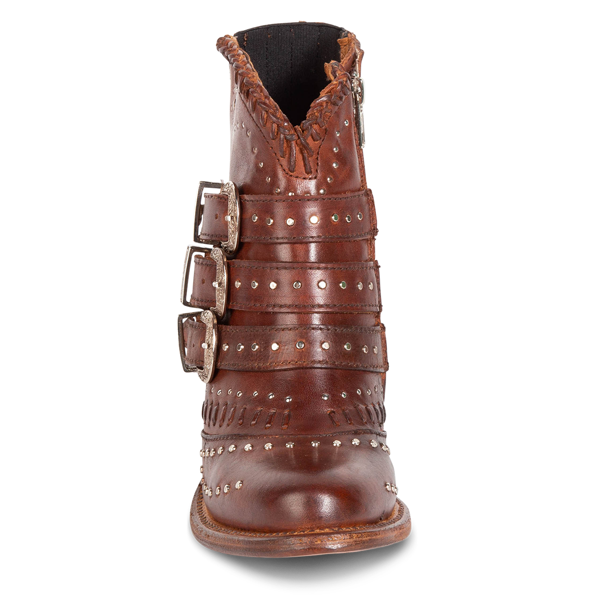 Front view showing leather straps with stud detailing on FREEBIRD women's Savanna cognac leather ankle bootie