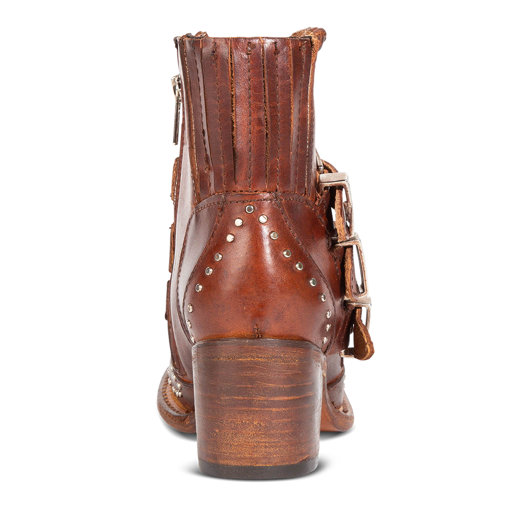 Back view showing wood heel and elastic gore detailing on FREEBIRD women's Savanna cognac leather ankle bootie