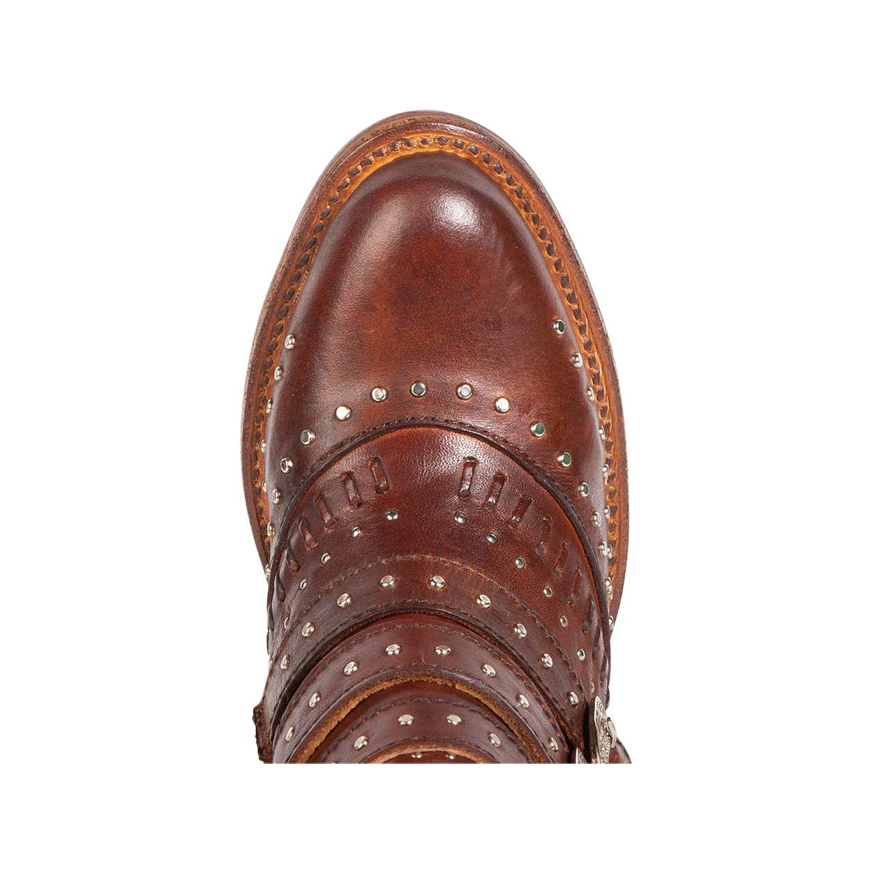 Top view showing almond toe on FREEBIRD women's Savanna cognac leather ankle bootie