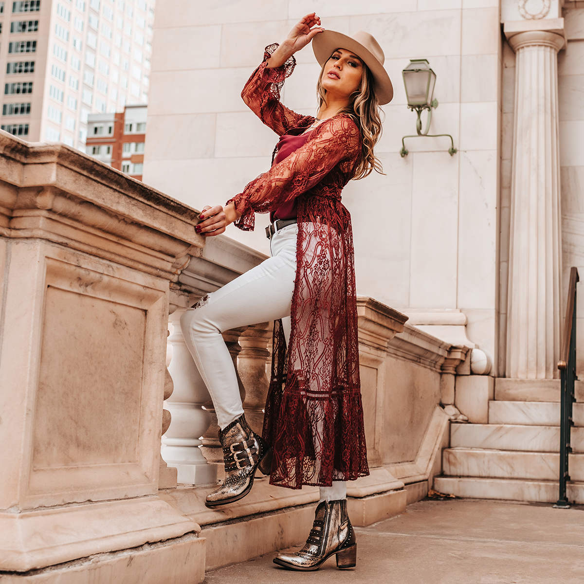 FREEBIRD women's Savanna pewter leather ankle bootie with silver studs, elastic gore, and metal buckles lifestyle