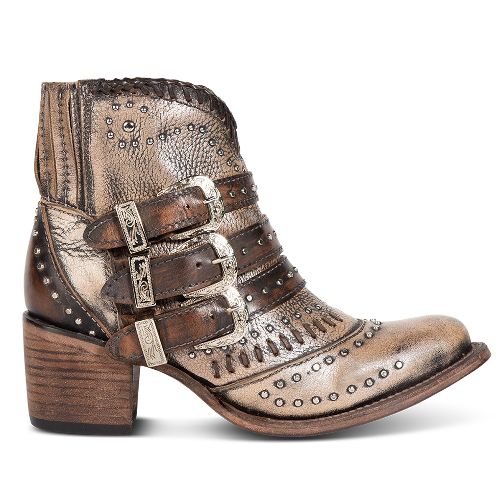 FREEBIRD women's Savanna pewter leather ankle bootie with silver studs, elastic gore, and metal buckles
