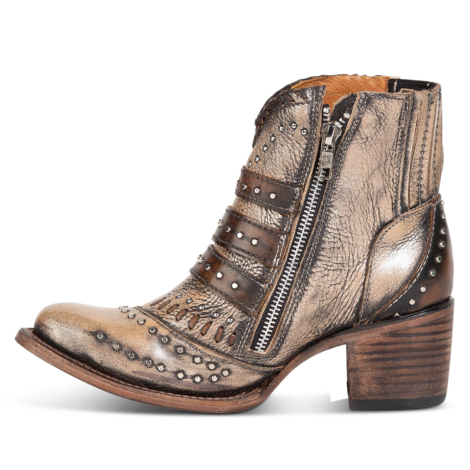 Inside view showing stud detailing and inside zipper on FREEBIRD women's Savanna pewter leather ankle bootie