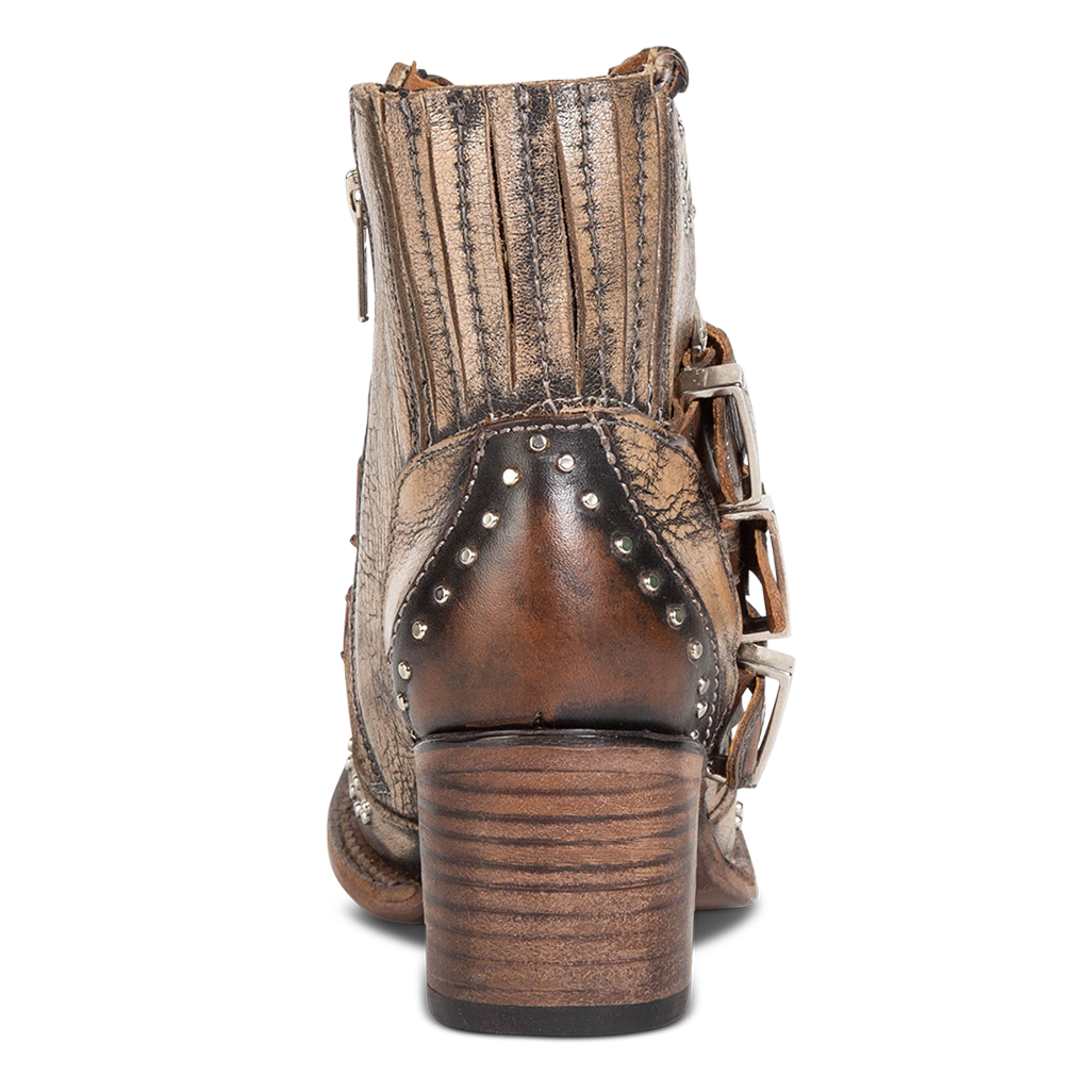 Back view showing wood heel and elastic gore detailing on FREEBIRD women's Savanna pewter leather ankle bootie