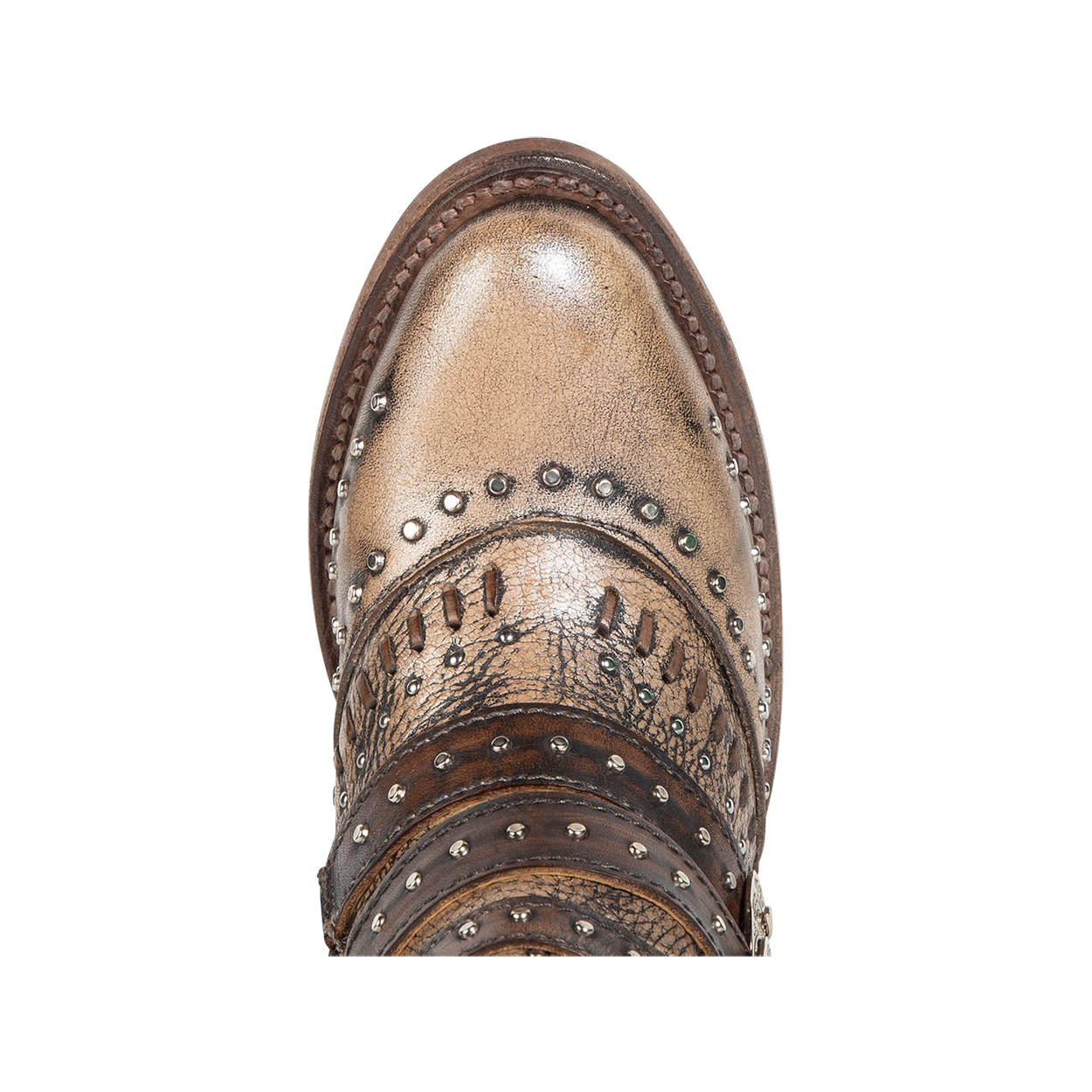 Top view showing almond toe on FREEBIRD women's Savanna pewter leather ankle bootie