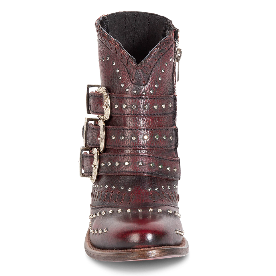 Front view showing leather straps with stud detailing on FREEBIRD women's Savanna wine leather ankle bootie