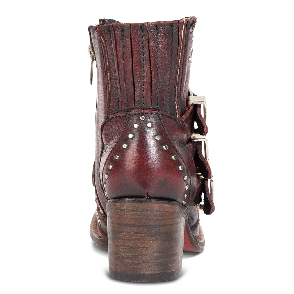Back view showing wood heel and elastic gore detailing on FREEBIRD women's Savanna wine leather ankle bootie