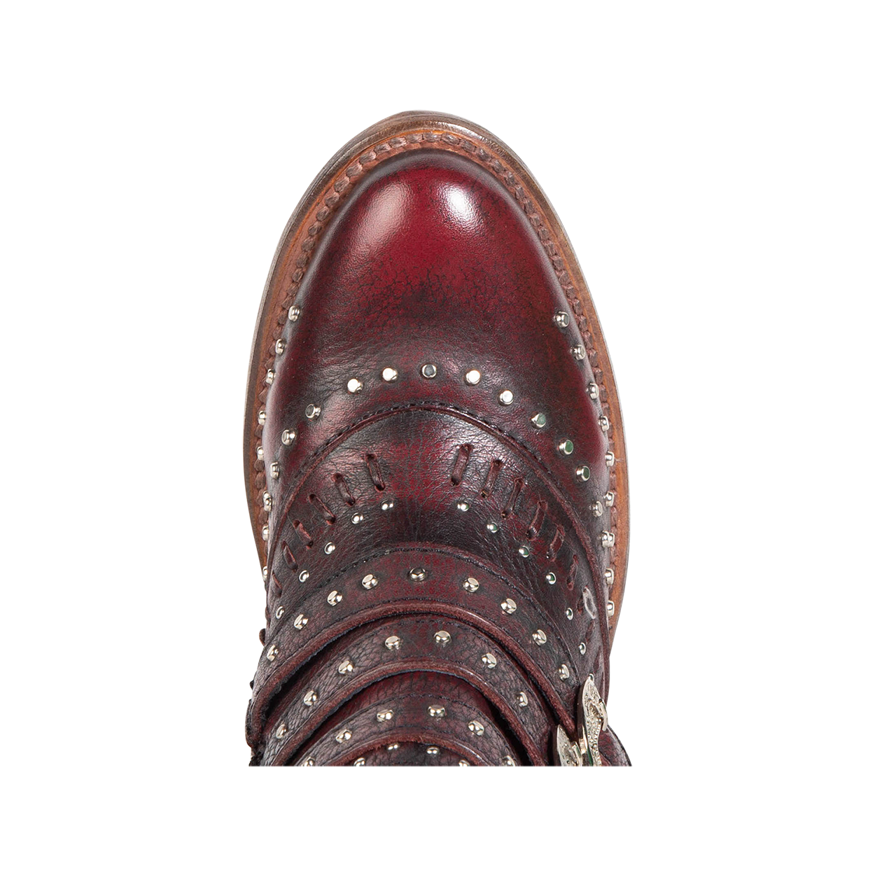 Top view showing almond toe on FREEBIRD women's Savanna wine leather ankle bootie