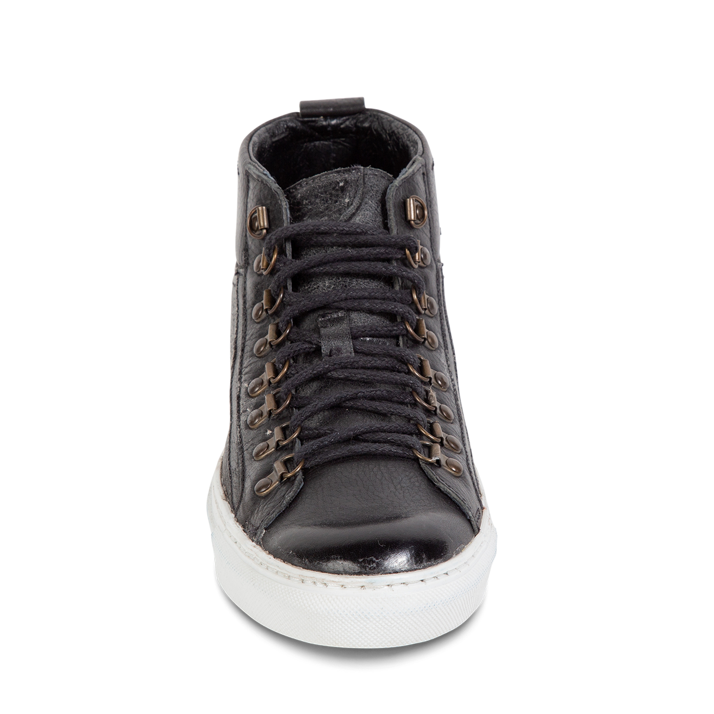Front view showing adjustable lacing with brass hardware and leather tongue on FREEBIRD men's Shelby black shoe