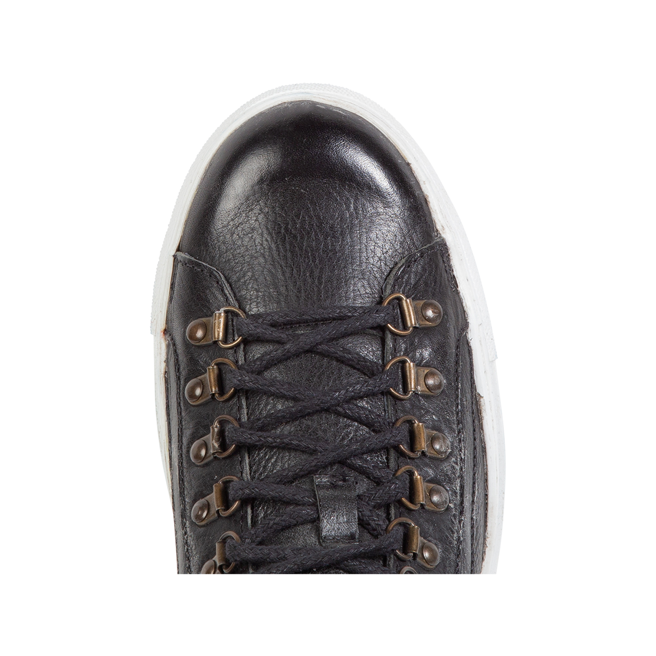 Top view showing round toe and brass rivets on FREEBIRD men's Shelby black shoe