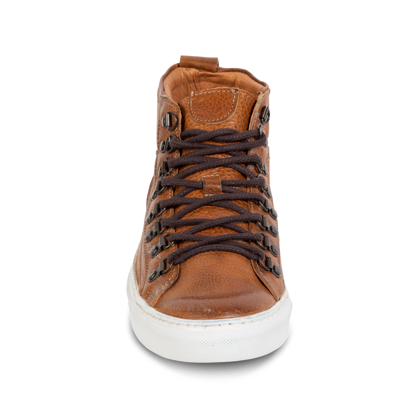 Front view showing adjustable lacing with brass hardware and leather tongue on FREEBIRD men's Shelby cognac shoe