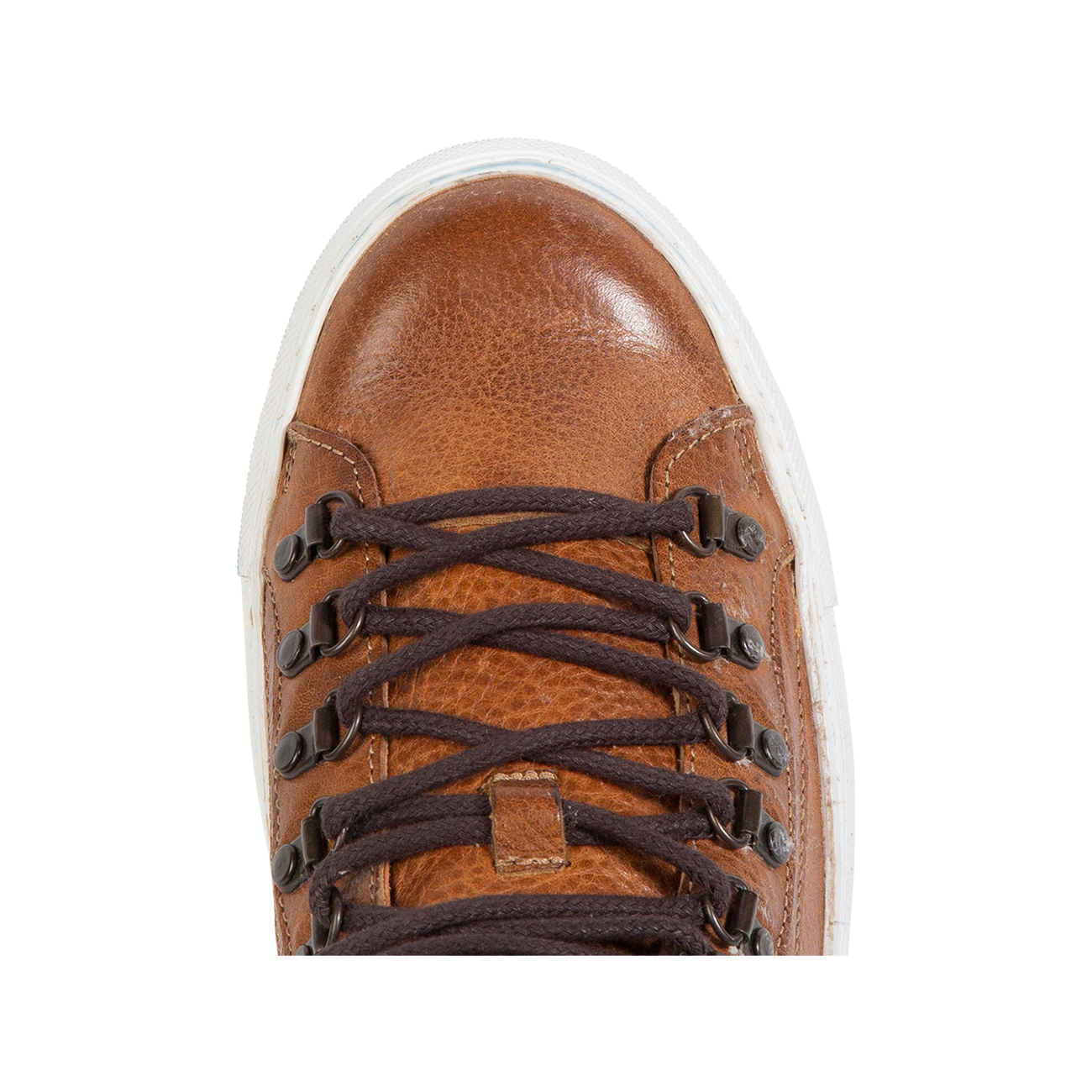 Top view showing round toe and brass rivets on FREEBIRD men's Shelby cognac shoe